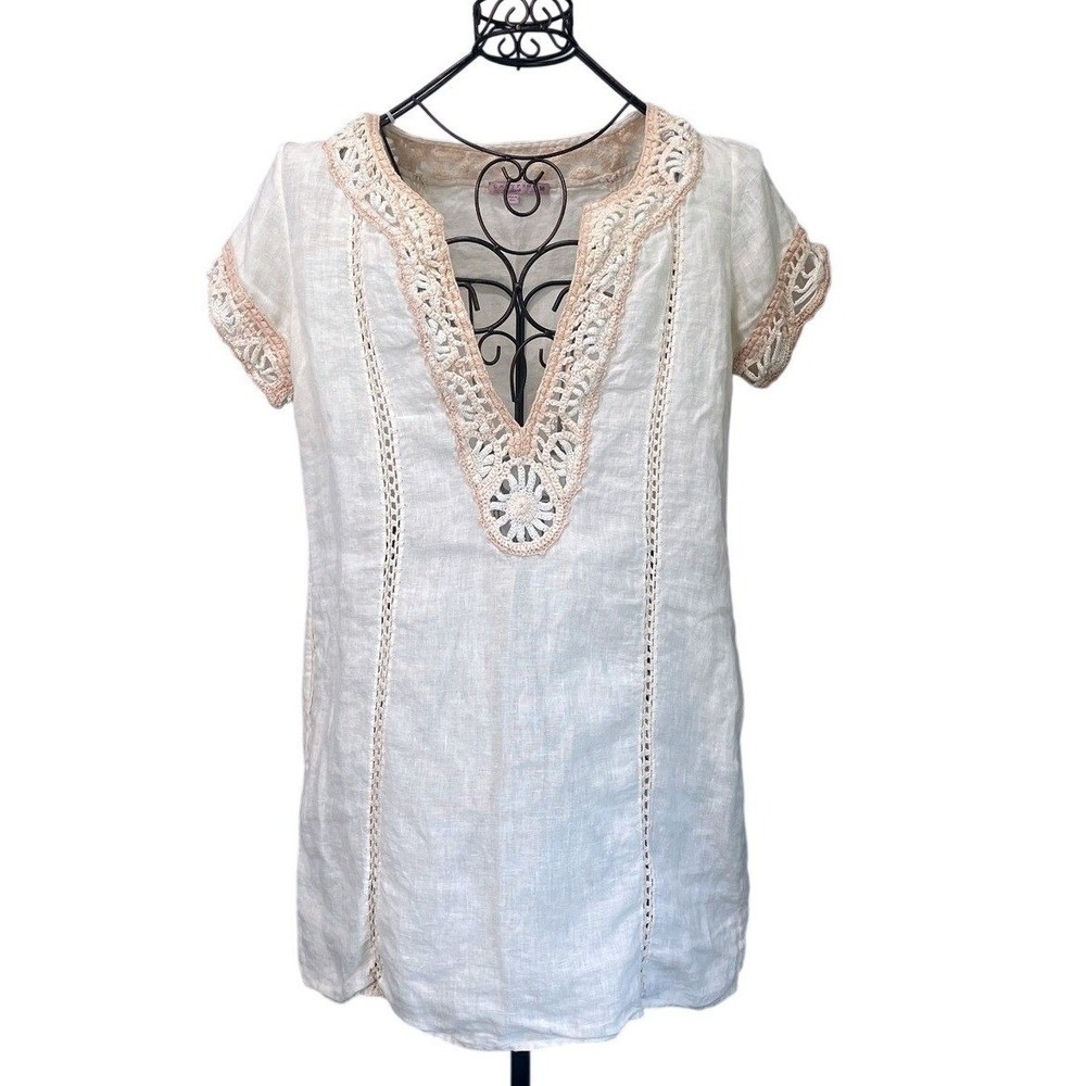 Calypso St Barth‎ Linen Crochet Stitching Tunic Dress Cream Pink Womens Medium